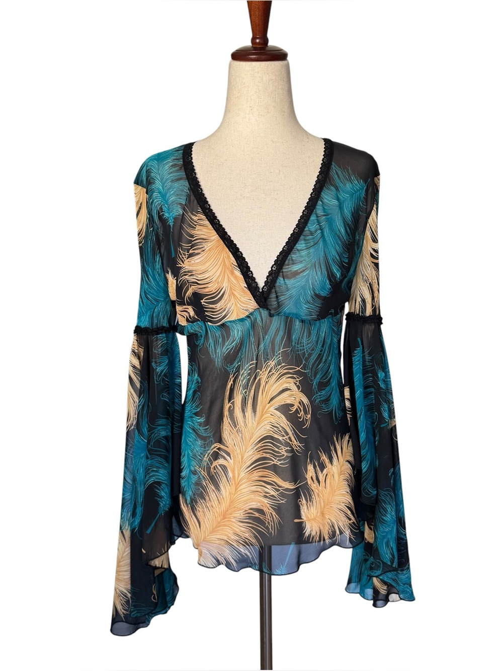 Vintage 90s Y2K Lucent Feather Print Sheer Top Long Flare Bell Sleeves Medium